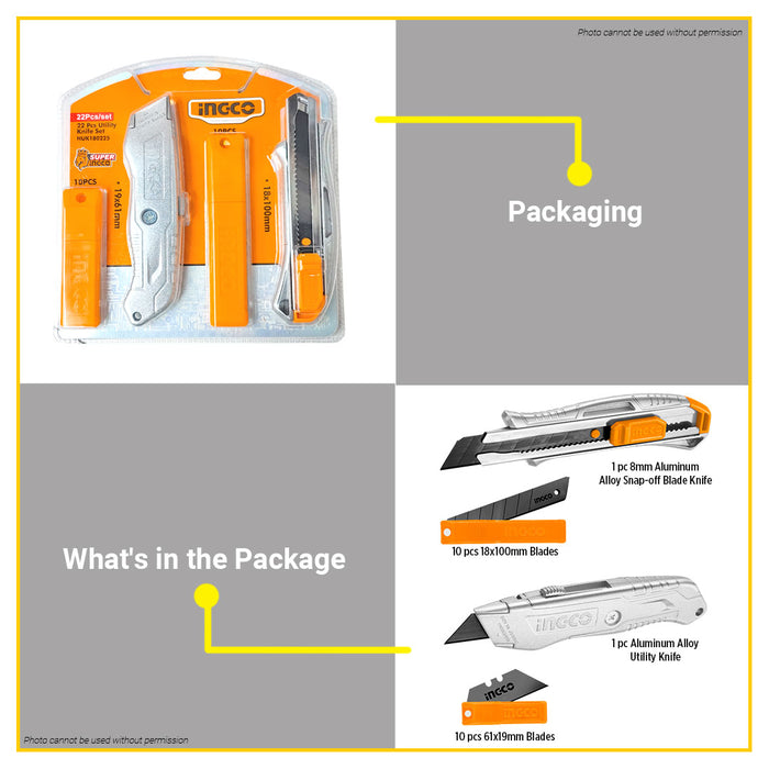 BUILDMATE Ingco 22pcs Utility Knife Set Box Cutter Retractable Multi-Purpose Craft Knife Kit HUK180225 - IHT
