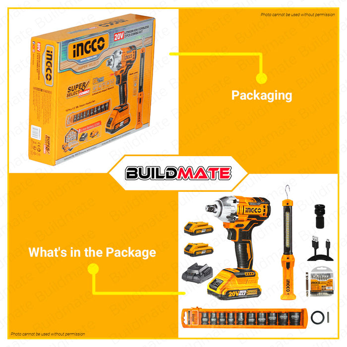 BUILDMATE Ingco Lithium-Ion Cordless Brushless 20V Impact Wrench / Driver with Work Lamp and Accessories Power Tools Combo Kit Set COSLI23011 - ICPT