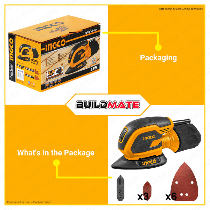 BUILDMATE Ingco Palm Sander Sheet 65W Finish Sander Machine Palm Sanding Machine Sander Electric Finish Palm Sander with Sandpaper Power Tools MS6505 • IPT