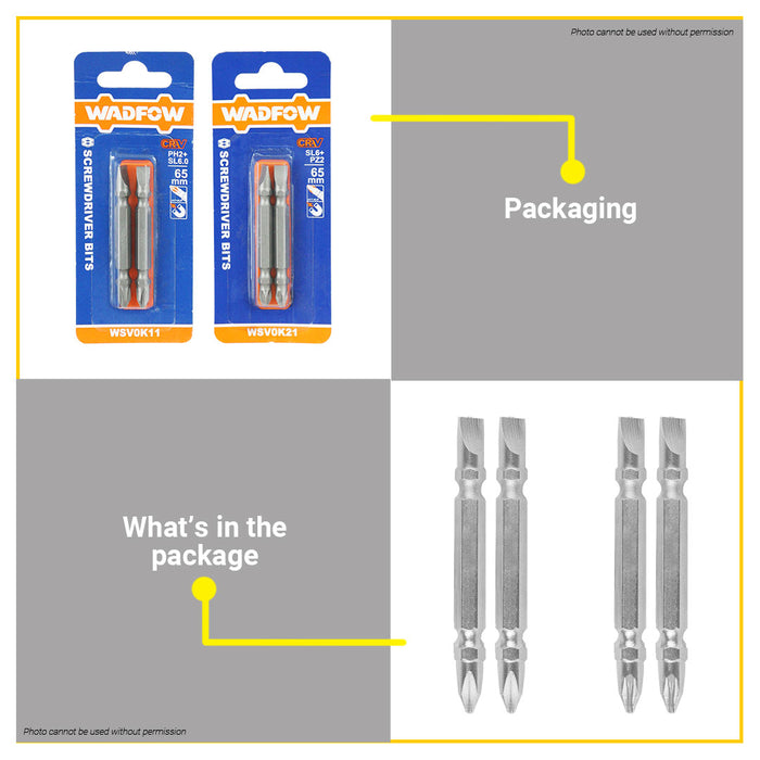 BUILDMATE Wadfow Screwdriver Bits Set 2PCS/SET 65MM PH2+SL6 | PZ2+SL6 Double Ended Phillips Screw Bit Magnetic Two-Sided Cross Slot Driver Bit for Power Screwdriver WSV0K11 | WSV0K21 • WHT