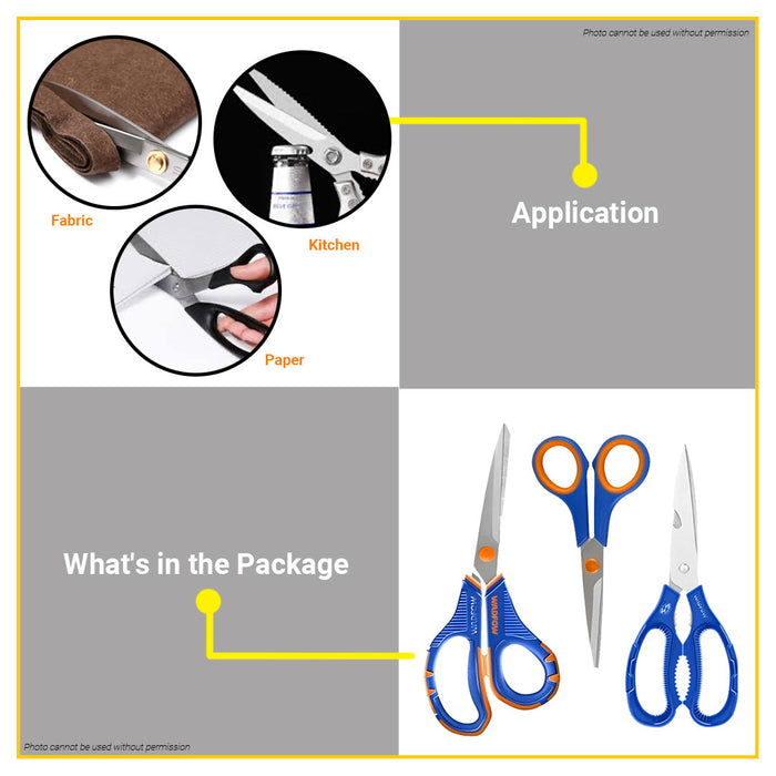 BUILDMATE Wadfow 3pcs Stainless Steel Scissors Set Heavy Duty Muti-Purpose Craft Scissor Gunting Kit SOLD PER SET - WHT