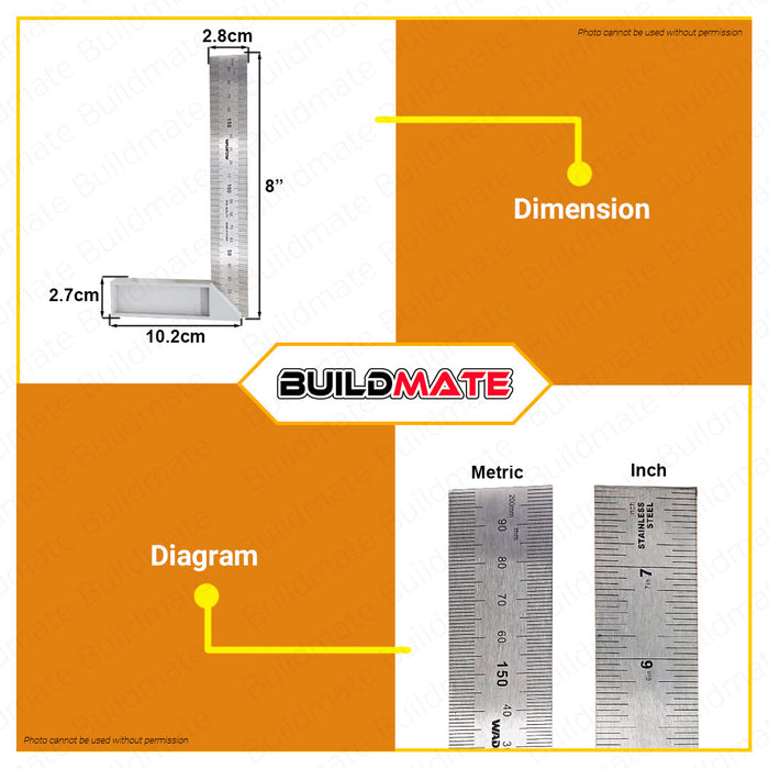 BUILDMATE Wadfow Angle Ruler 8" Inch 200mm Angle Square Ruler Aluminum Alloy L-Square Ruler, Framing Ruler, Carpenters Square, L Ruler, Right Angle Ruler Metal Framing Steel Square WSR2920 • WHT