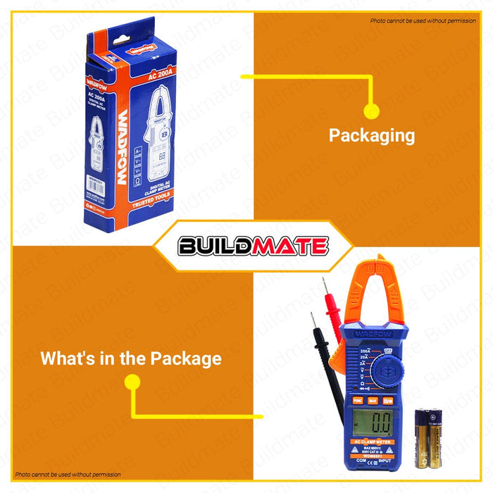BUILDMATE Wadfow Digital Clamp Meter AC 200A 2000C Digital AC Clamp Meter AC Current Voltage With 3pcs 1.5V AAA Batteries Volt Multimeter Voltmeter Capacitance Resistance Continuity Temperature WDM6501 • WPT