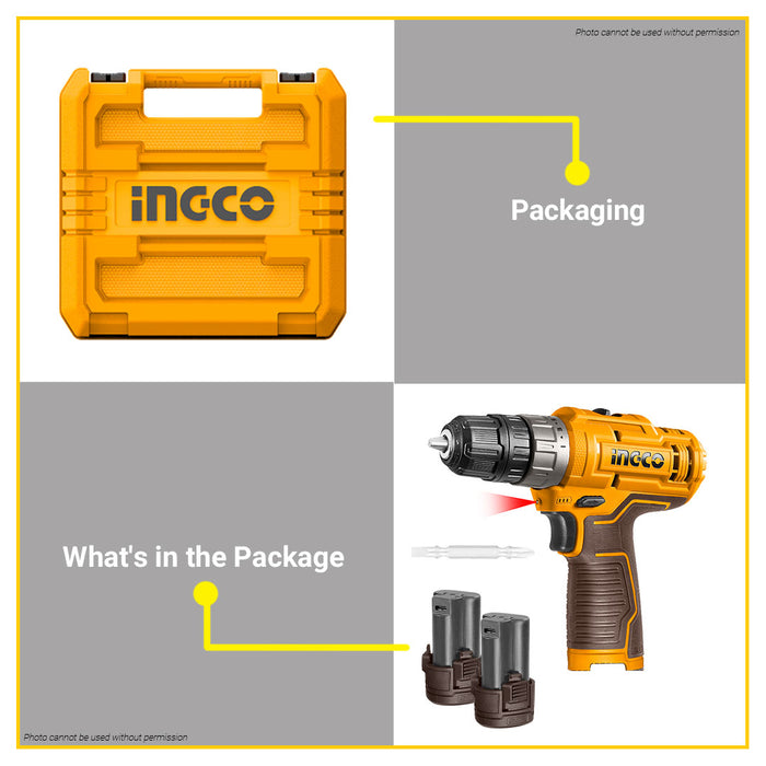 BUILDMATE Ingco 2-Speed Lithium-Ion Cordless Drill 12V with 2x Battery (Charger Sold Seperately) CDLI12202 ICPT