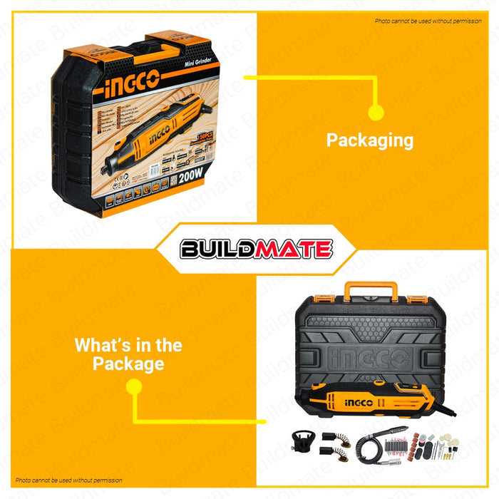INGCO Mini Grinder Set 200W Electric Grinder Drill Engraver Rotary Tool with 150pcs Accessories Design for Drilling Cutting Grinding Routing & Polishing Grinder Tool Kit Set MG2008 •BUILDMATE• IPT