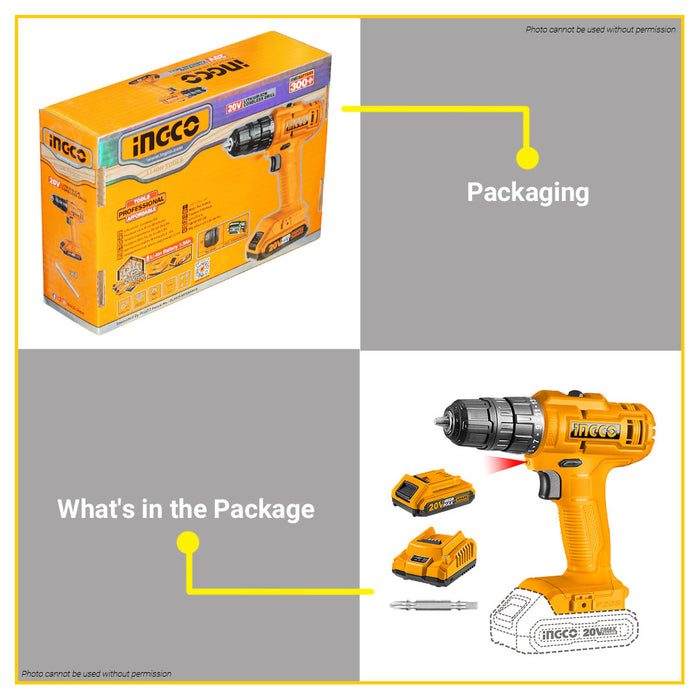 BUILDMATE Ingco 20V Lithium-Ion Cordless Drill 40Nm / 45Nm 2-Speed Mechanical Gear Drilling Gun with Integrated Work Light CDLI20051 / CDLI20032 - ICPT