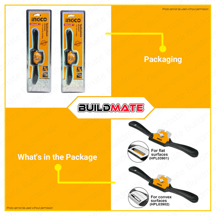 BUILDMATE Ingco Spoke Shave Flat Base 9" Inch 230mm FLAT | CONVEX Surface Spokeshave Wide High Carbon Blade Wood Planer Carving Woodworking Plane Trimming Perfect for Wood Craft, Wood Craver, Wood Working HPL03901 | HPL03902 • IHT