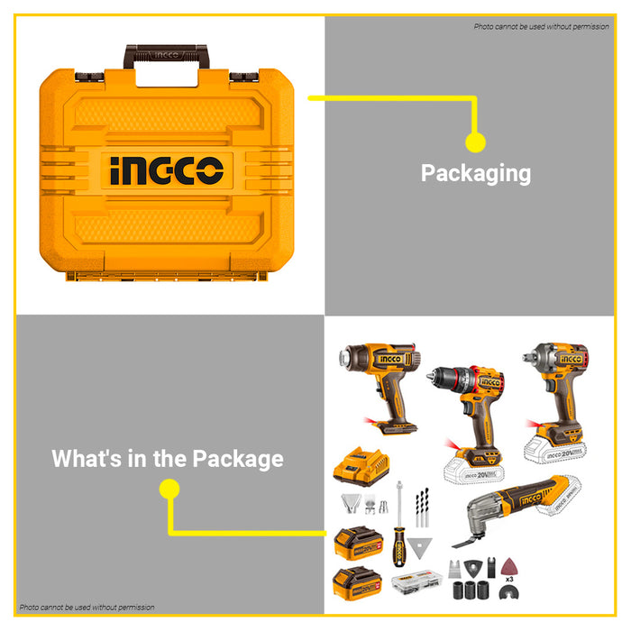 BUILDMATE Ingco 4pcs Cordless Combo Kit Brushless Impact Drill w/ Impact Wrench, Heat Gun & Multi-Tool Power Tool Combo Set COSLI240969 - ICPT