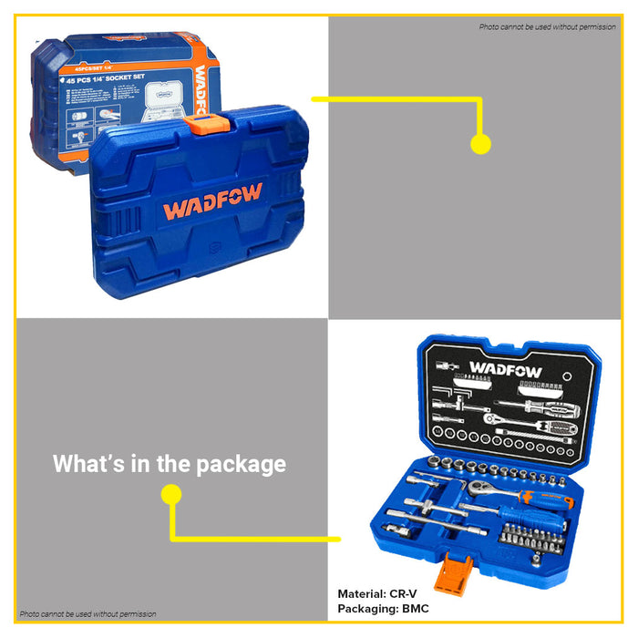 BUILDMATE Wadfow 45pcs Socket Set 1/4" Inch Autor Repair Drive Tool Kit Ratchet Wrench WST4D45 - WHT
