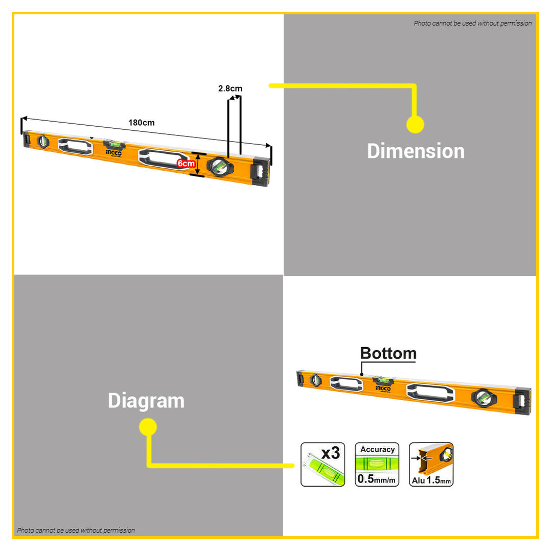 BUILDMATE Ingco 180cm Spirit Level Leveling Tool with 1.5mm Thickness ...
