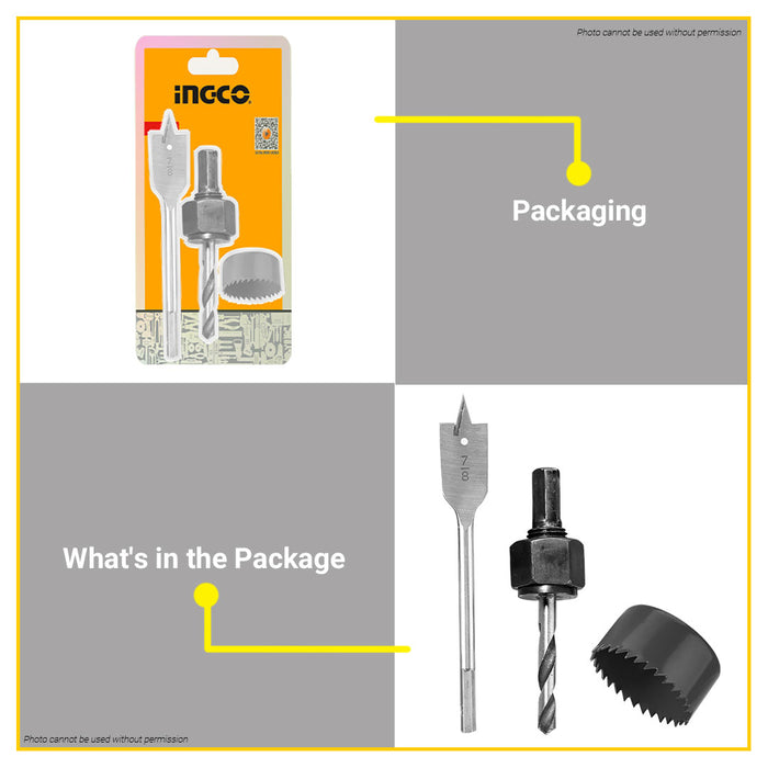 BUILDMATE Ingco 3pcs Hole Saw Lock Installation Kit Set Hole Cutter AKHS302 - IHT