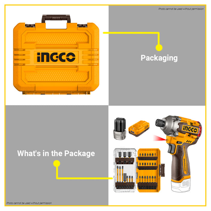 BUILDMATE Ingco 170Nm 16V Compact Brushless Cordless Impact Driver / Drill 1/4" Hex w/ 31pcs Screwdriver Bits Set Electric Impact Screwdriver COSLI241083 - ICPT