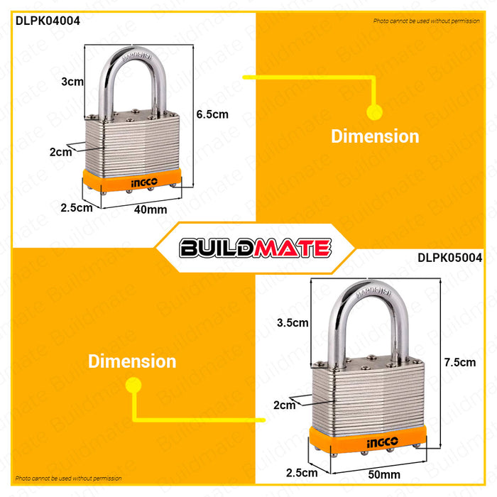 BUILDMATE Ingco 4PCS Key Alike Laminated Padlock 40MM | 50MM [SOLD PER SET] Laminate Padlock Pad Lock Keyed Padlock Solid Brass Lock with 4pcs Iron Keys Wide Lock Body Security Lock Anti-Theft Lock DLPK04004 | DLPK05004 • HT2