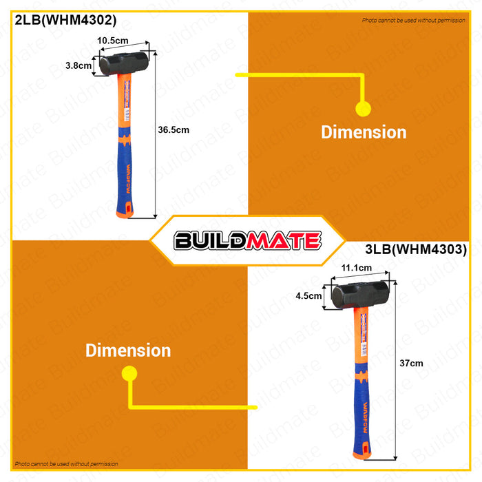 BUILDMATE Wadfow Sledge Hammer Stoning Maso 2LB | 3LB | 4LB [SOLD PER PIECE] Fiberglass Handle Large Tool for Wall Smashing and Wall Demolition Steel Black Head • WHT