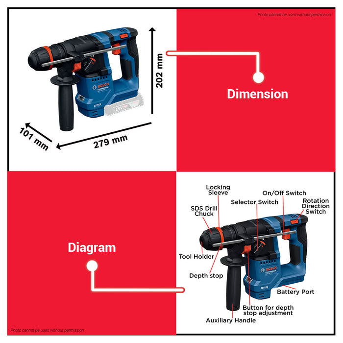 [SOLO] BOSCH 18V-18 X/ 18V-22 X Cordless Rotary Hammer SDS Plus with One Chuck with Case UNIT ONLY