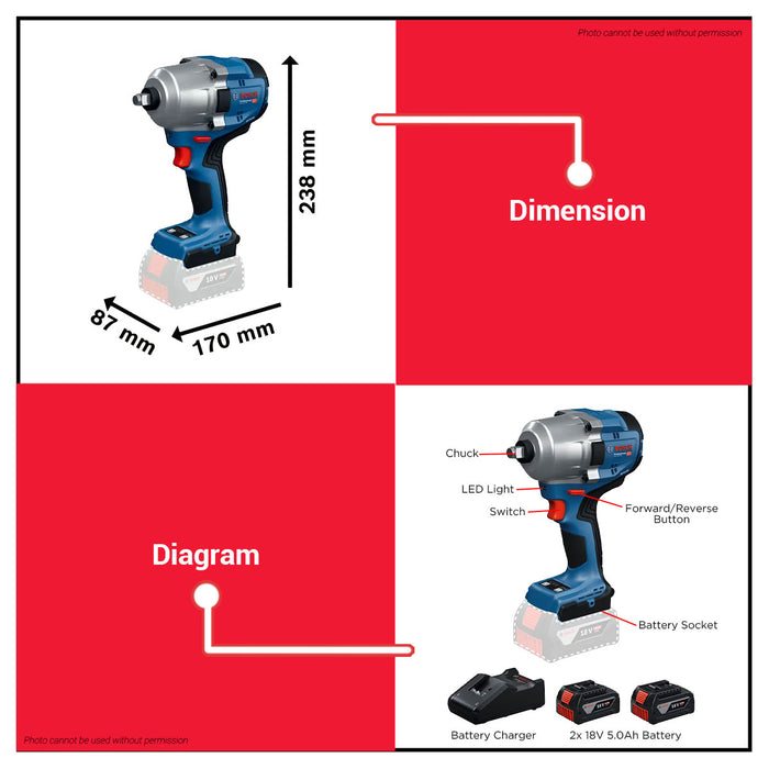 Buildmate x BOSCH SOLO & KIT 780Nm Impact Wrench 2x Battery 1x Charger GDS18V-780 06019P40L0 K1 BLC