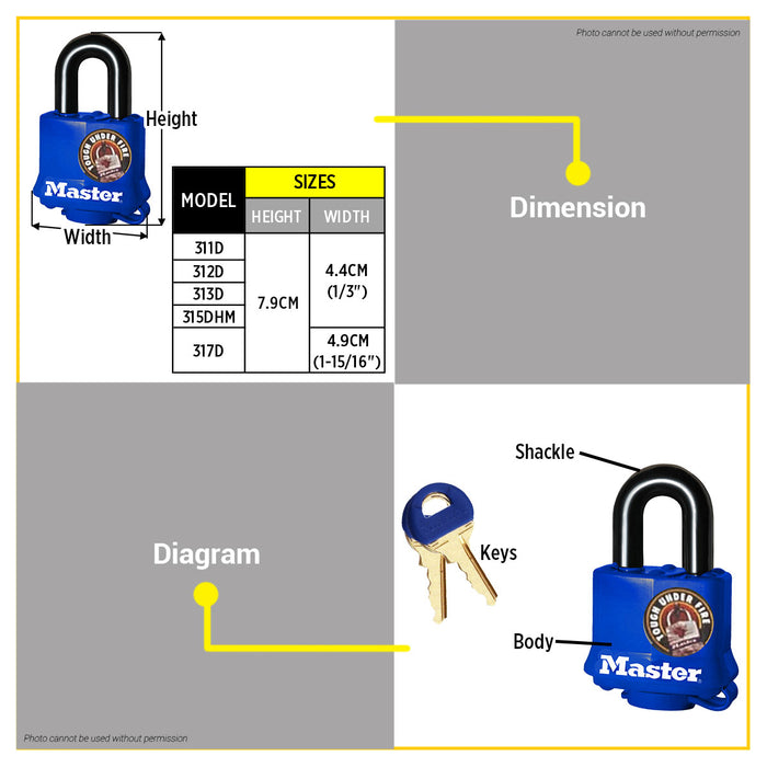 MASTER LOCK Weather Proof Padlock Pad Lock 1-3/4'' Black Blue Green Yellow Camouflage SOLD PER PIECE