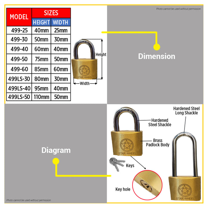 Starwheel Long Shackle Brass Padlock 30mm / 40mm / 50mm