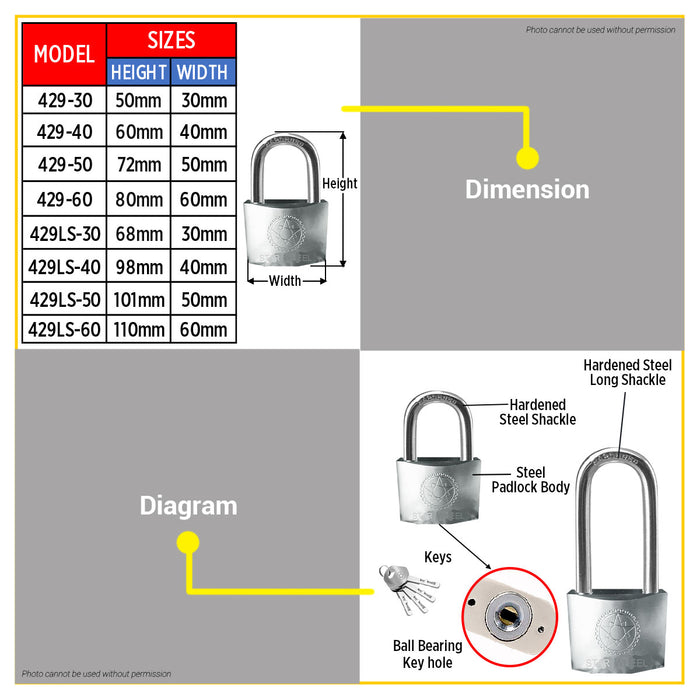 Starwheel Long Shackle Steel Ball Bearing Padlock 30mm / 40mm / 50mm / 60mm