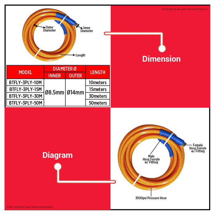 BUILDMATE Butterfly 3-Ply High Pressure Spray Hose 3000psi For Air Water & Oil w/ Fittings Industrial Pneumatic Hose Pipe