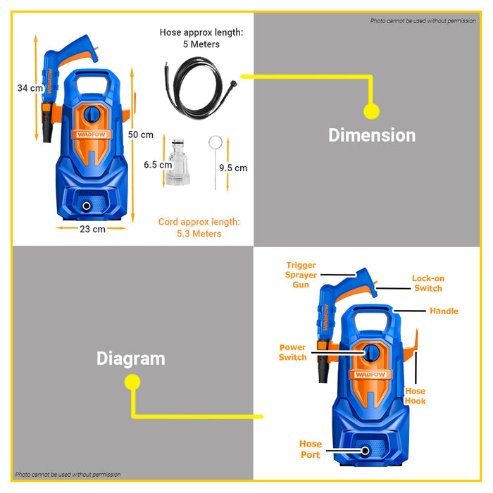 BUILDMATE Wadfow High Pressure Washer 1400W Car Wash Power Machine Water Spray Portable Handheld Water Gun Sprayer Outdoor Cleaner WHP3A12P / WHP3A14 - WPP
