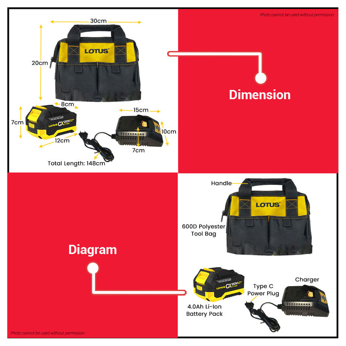 Lotus Starter Kit Cordless Battery and Charger with Tool Bag LPT