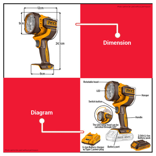 Ingco Cordless Work Lamp CWLI20881 - ICPT