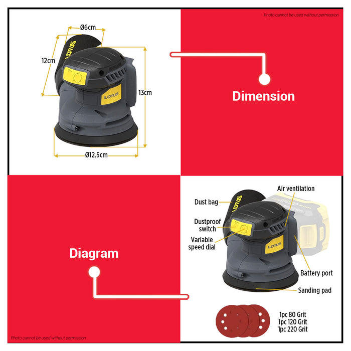 Lotus 20V Cordless Random Orbit Sander CXEX20V - 125 efficient brushless motor LPT