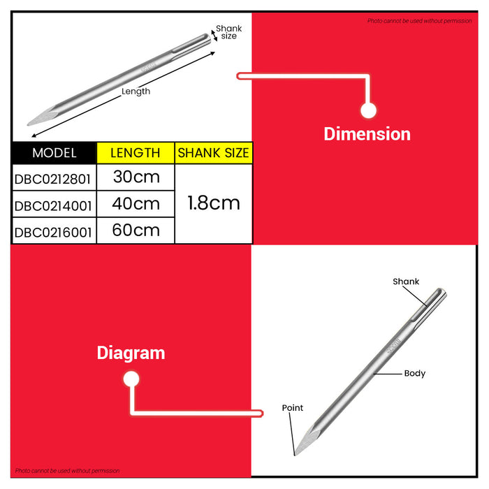 BUILDMATE Ingco SDS Max Pointed Chisel 18x300mm / 18x400mm Concrete Masonry Breaker Demolition and Chiseling Tool - IHT