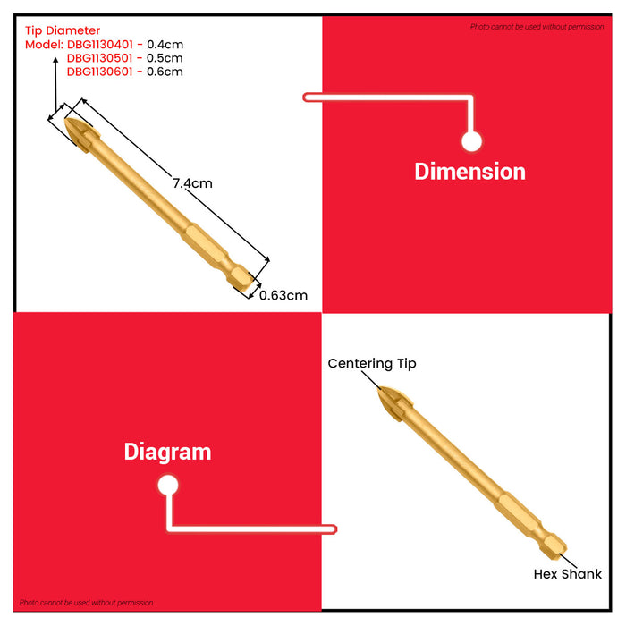 INGCO 1/4" Hex Shank Titanium-Coated Tile and Glass Drill Bit Precision Drilling Power Tool Accessories For Ceramic Porcelain Mirror IHT - BUILDMATE
