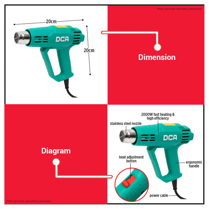 Buildmate x DCA Heavy Duty Heat Gun 2000W Light weight ; 3 Gear Adjustable Temperature & Air Flow AQB05-2000
