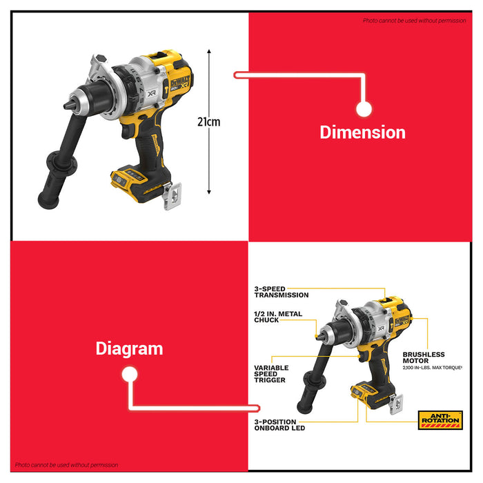 Buildmate x DEWALT 20V Brushless Hammer Drill 169Nm 3-Speed 1/2" XR DCD1007N-B1 Bare Tool