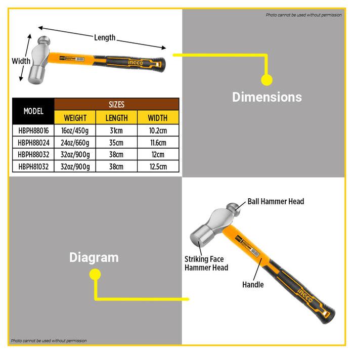 BUILDMATE Ingco Ballpein Hammer Fiberglass Handle Ball Peen Hammer Metalwork 16oz| 24oz | 32oz • IHT
