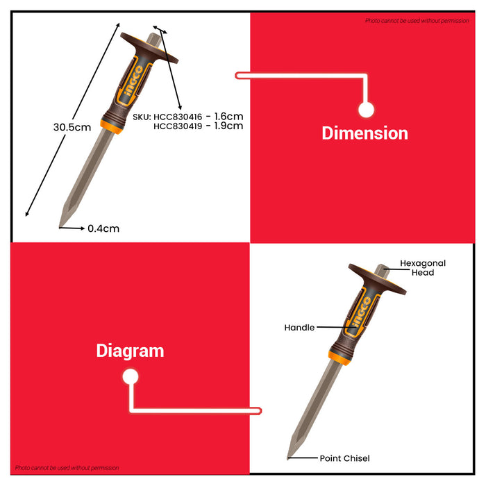 Buildmate x INGCO Concrete Chisel 305mm 40Cr Heat-Treated with Powder Coating HCC830416/19  IHT
