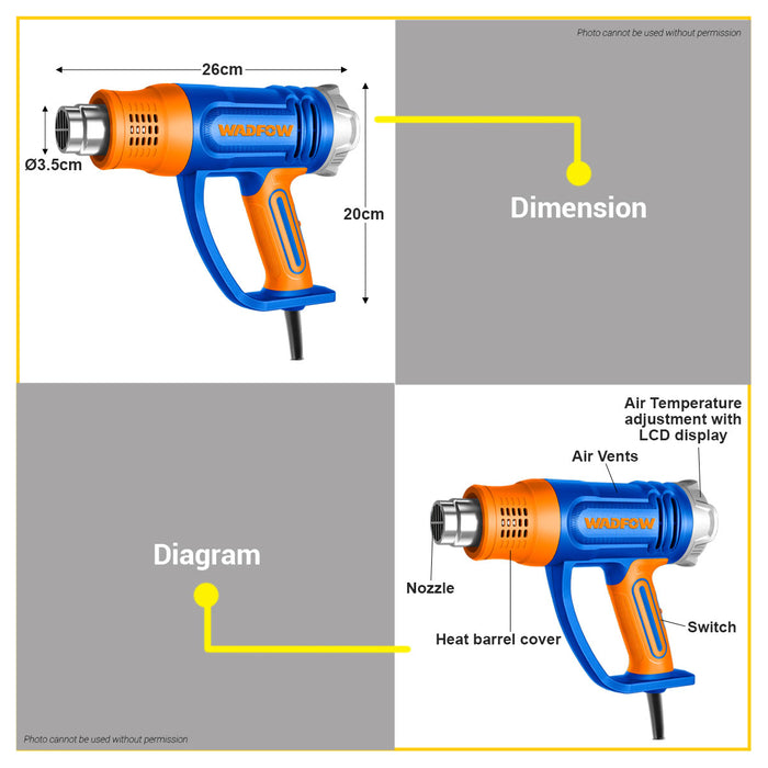 BUILDMATE Wadfow Heat Gun 2000W Hot Air Gun Blower Adjustable Temperature with LCD Display Shrink Wrapping Drying Tool WHG1530 - WPT