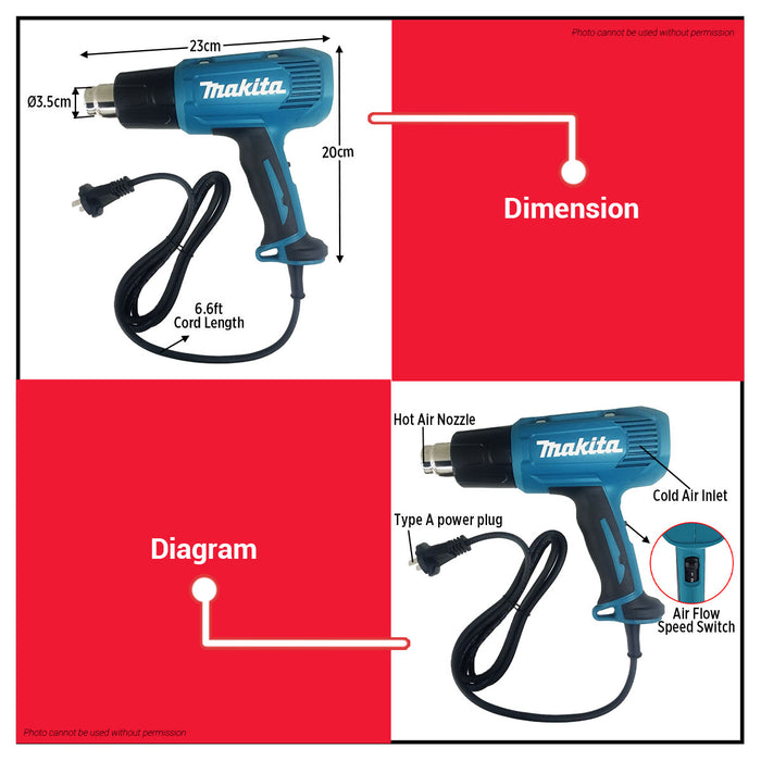 BUILDMATE MAKITA 240V 1600W Heat Gun/ Hot Air Gun with Case for heating, drying, stripping, and shrinking applications HG5030K