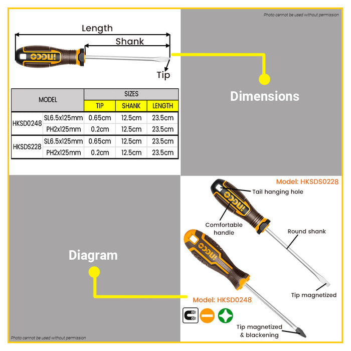 BUILDMATE Ingco 2pcs Screwdriver Set SL6.Slotted Flat / PH2 Phillips Cross Head Screw Driver Household Tool Repair Kit HKSDS0228 - IHT