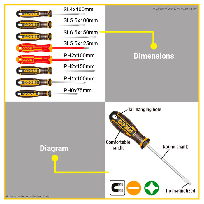 BUILDMATE Ingco 8pcs S2 Standard & Insulated Screwdriver Set Flathead Slotted / Crosshead Phillips Screw Driver Household Tool Repair Kit HKSDS0838 - IHT