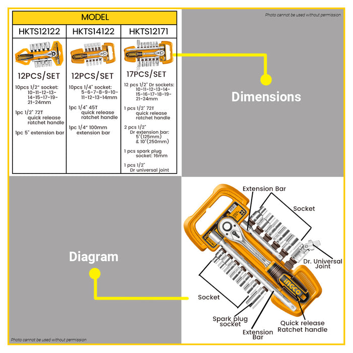 BUILDMATE Ingco 17pcs 1/2" Socket Set HKTS12171 - IHT