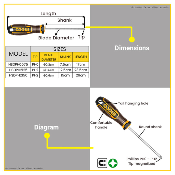 BUILDMATE Ingco Phillips Screwdriver 75mm / 125mm / 150mm S2 Crosshead Magnetic Long Shank Screw Driver Hand Repair Tool SOLD PER PIECE - IHT