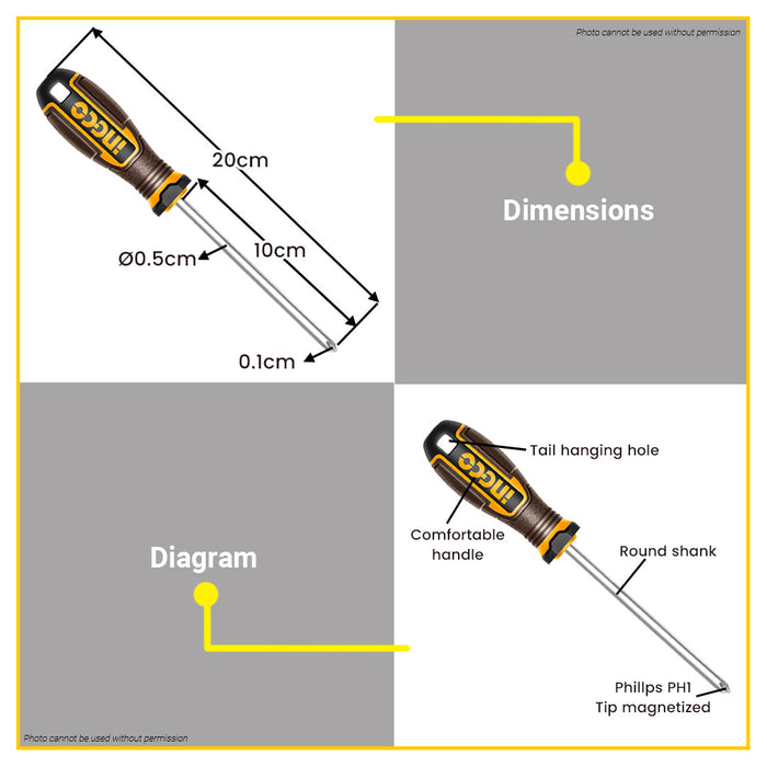 BUILDMATE Ingco Phillips Screwdriver PH1x100mm Crosshead Magnetic Screw Driver Hand Tools For Electronics & DIY HSDPH1100 - IHT