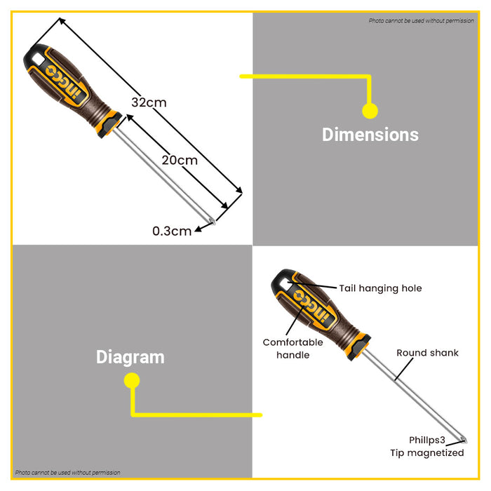 BUILDMATE Ingco Phillips Screwdriver PH3x20mm Crosshead Magnetic Non-Slip Screw Driver Repair Hand Tools for Electronics & DIY HSDPH3200 - IHT