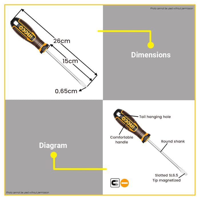 BUILDMATE Ingco Slotted Flat Screwdriver SL6.5x150mm S2 / Cr-V Flathead Round Shank Screw Driver Repair Hand Tools SOLD PER PIECE - IHT