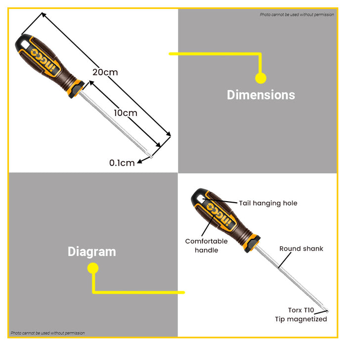 BUILDMATE Ingco Torx Screwdriver T10x100mm Star Shape Tip Magnetic Screw Driver Hand Repair Tools HSDX10100 - IHT