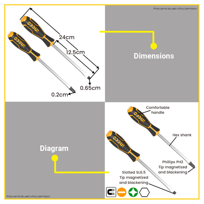 BUILDMATE Ingco 2PCS/SET Go-Through Screwdriver SL6.5 Slotted Flathead & PH2 Phillips Crosshead Screw Driver Repair Hand Tool Kit HSGT280208 - IHT