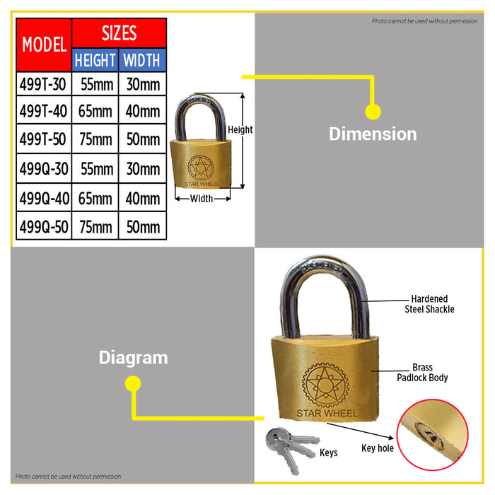Starwheel 2-pcs Keyed Alike Brass Padlock 30mm / 40mm / 50mm
