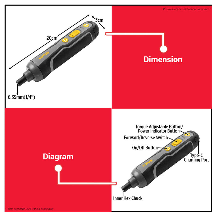 Lotus 3.6V Smart Electric Screwdriver Pen with 20 Bits LTDR4XP LPT