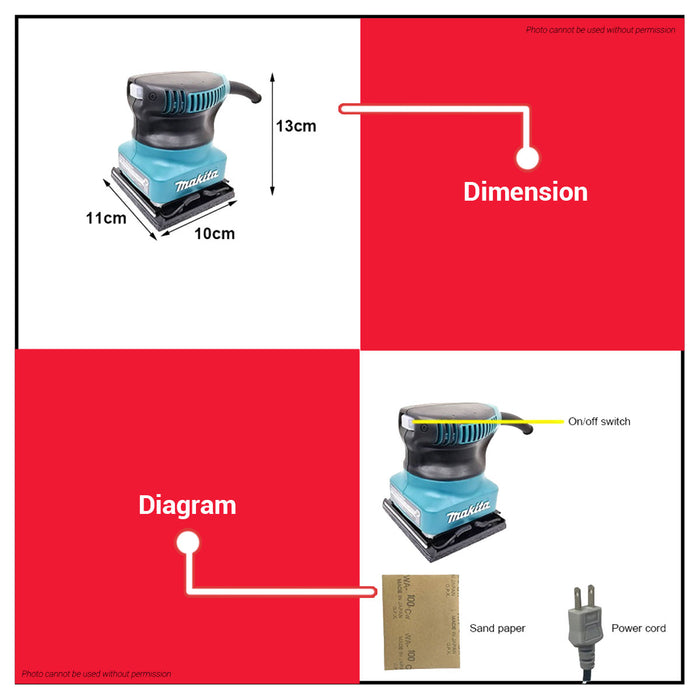 Buildmate x MAKITA 170W 1/4 Sheet Finishing Palm Sander 12000OPM Soft Grip Wood Sander BO4510H