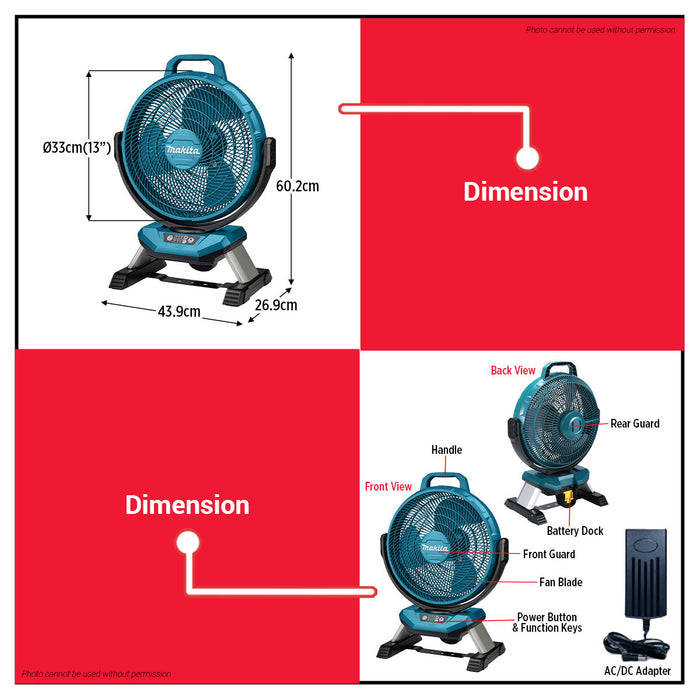 Buildmate x MAKITA Cordless Portable Fan 330mm 18V 14.4V LXT Quiet Jobsite Cooling Fan DCF301Z