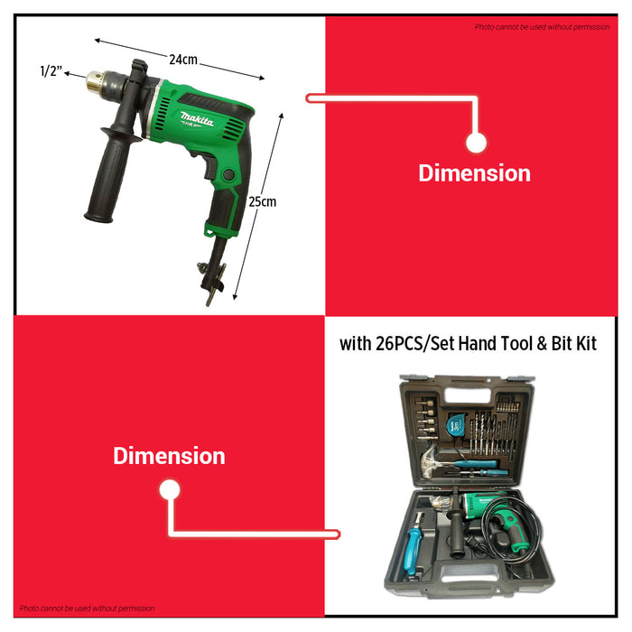 Buildmate x MAKITA 430W Hammer Drill 13mm Keyed Chuck Variable Speed Reversible Impact Drill M8103KX2M